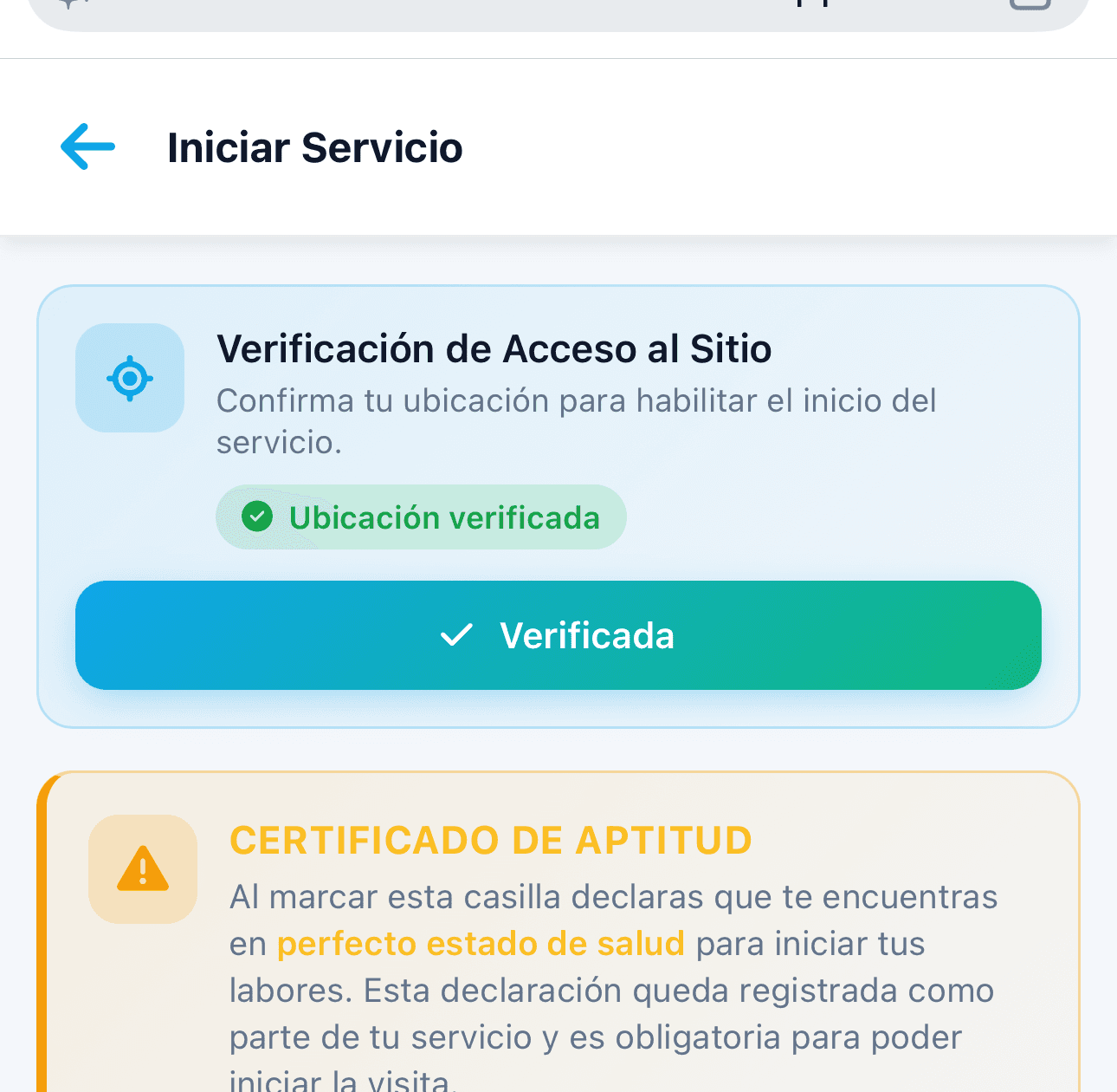 WorkTrace app showing site location verification and a fitness-to-work confirmation before a shift starts