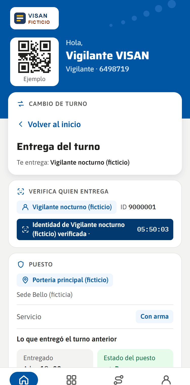 La pantalla «Cambio de turno» de la app de seguridad: la entrega del turno, la identidad de quien entrega verificada a las 05:50, el puesto Portería principal y lo que entregó el turno anterior. Datos de ejemplo de una empresa ficticia.